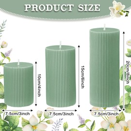 Conelist Ribbed Pillar Candles Set of 3, Width 3" High 4" 6" 8" Large Soy Wax Scented Pillar Candles Aesthetic Candles Ribbed Candles Modern Home Decor for Bathroom Living Room (Sage Green)
