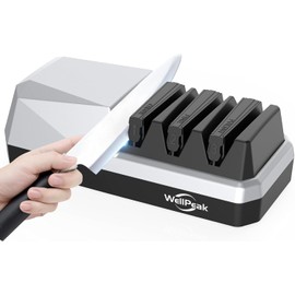WELLPEAK 3-Stage Electric Knife Sharpener for 18/20-Degree Knifes, Diamond Abrasive Sharpening for Straight Edge Chef Knives, Ceramic Hone for Chef Knives, Serrated Knives Polishing (SILVER, 3-Stage)