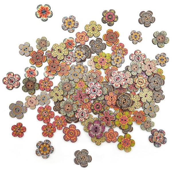 100 bottoni misti a forma di fiore casuale, in legno, stile retrò, colori assortiti, per cucire e cucire, bottoni decorativi fai da te in legno, con 2 fori, 20 mm, 25 mm