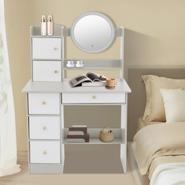 HinLIaDa Makeup Vanity Desk with Mirror and Lights, Vanity Desk with 6 Drawers & Storage Shelves, 3 Lighting Modes Adjustable Brightness, Dressing Table for Bedrooms, Dressing Rooms, Hair Salons