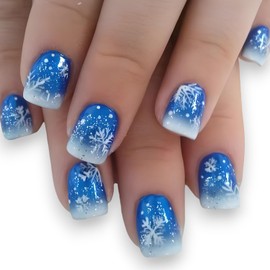24Pcs Christmas Press on Nails Short Square Nails Blue Fake Nails with Glue White Snowflake Acrylic Nails Design Full Cover Xmas Nails Stick on Nails Winter Holiday False Nails for Women Girls