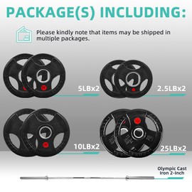 Fitvids Olympic Cast Iron 2-Inch Weight Plates Including 5FT Olympic Barbell Bar & Safely Locks, 100 Pounds Set (85 Lbs Plates + 15 Lbs Barbell Bar), Multiple Packages