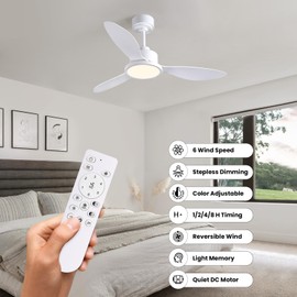 42 Inch White Ceiling Fans with Lights and Remote/APP/Wall Switch, 6-Speed Wind, 3CCT Dimmable, Reversible DC Motor, Timer Quiet, Night Light Mode, Light Memory Function for Bedroom Living Room