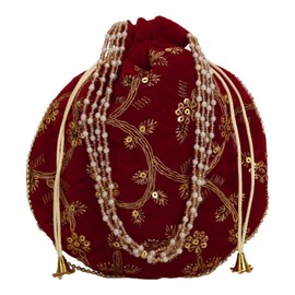 Craft Trade Red Clutch Bag Indian Ethnic Designer Embroidered Silk Bag Batwa Pearls Handle Purse Clutch Purse for Women, Red