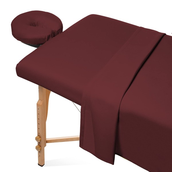 Saloniture 3-Piece Flannel Massage Table Sheet Set - Soft Cotton Facial Bed Cover - Includes Flat and Fitted Sheets with Face Cradle Cover - Burgundy
