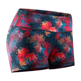 Tough Mode Pantalones cortos de compresión para mujer, tiro medio, 3 y 5 pulgadas, para correr, entrenamiento, yoga, voleibol, WOD, Hojas de otoño de 3 pulgadas, L
