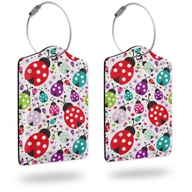 Luggage Tags for Suitcase,2 Pack Colorful Ladybug Insect Flower Leather Travel Cruise Luggage Tag with Privacy Flap,Name ID Label and Metal Loop for Women Girls Suitcase Backpack