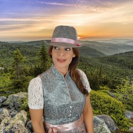 BF Souvenirs Bavarian Party Costume Hat ROSI Grey with White & Pink Feather Fendora - Bavaria Tyrol Oktoberfest Carnival Party Costume Hut Party Folk Festival