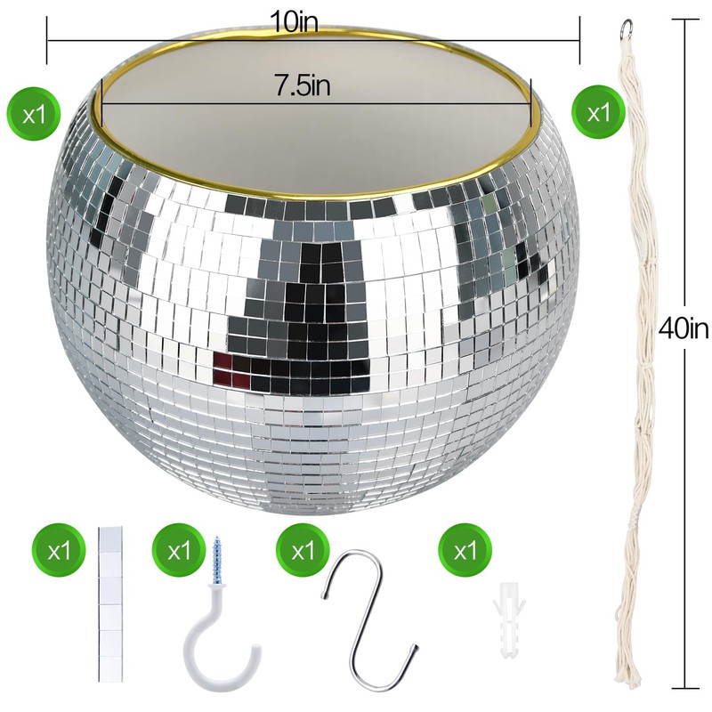 FGBNM Disco Ball Planter, 1pcs 10” Silver Disco Ball Planter,