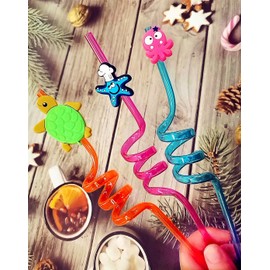 30 packs Bulk Reusable Plastic Straws for Kids Birthday Party Favors, Theme Curly Drinking Straws Baby Show Party Supplies (30 ocean)