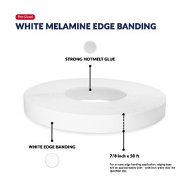 White Melamine Edge Banding 7/8 inch x 50 feet Iron On Adhesive Edging Cabinet Repair Laminate Shelf Table Plywood Mdf Board Furniture Formica Countertop Pre Glued Flexible Strip Wood Veneer Tape Trim
