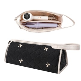 RSRSLEII Large Quilted Hair Tools Travel Bag, Waterproof Aesthetic Hair Styling Accessories Storage Case for Flat Irons,Straightener,Curling Iron,Hair Dryer,Dyson Airwrap Travle Bag（02Black Bow）