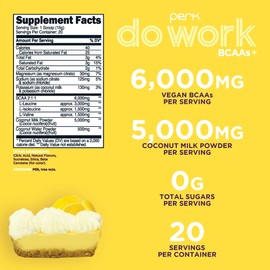 Perk BCAAs + Hydration Electrolytes Powder (Lemon Tart Flavored, 20 Servings) - with Coconut Water and Coconut Milk
