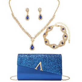 OUAYEMEL Glitter Evening Clutch Purse for Women Sparkly Shiny Handbag Ladies Wedding Prom Purse 4 Pieces Rhinestone Jewelry Set Royal Blue