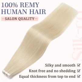 Tape in Hair Extensions Real Human Hair 22inch 10Pcs #60 Platinum Blonde Remy Hair Extension Seamless Straight
