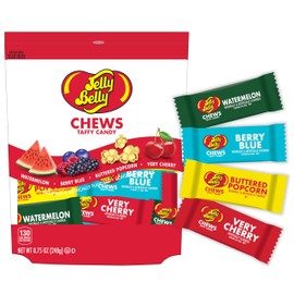 Jelly Belly Chews Taffy Candy Individually Wrapped Candy Chews – Jelly Belly Buttered Popcorn, Watermelon, Berry Blue and Very Cherry Chewy Candy (8.75 Ounce)