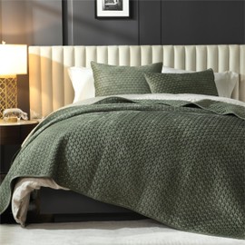 Grassix Velvet Queen Quilt Set - Luxury Army Green Quilt Set, Lightweight Soft Velvet Comforter for All Season, Cross Stitch Bedspreads Queen Size with 2 Shams, Queen Quilt Bedding Set