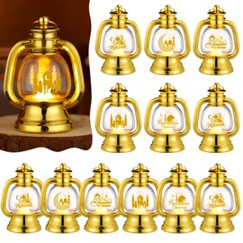 ROCEEI 12 Pcs Ramadan Eid Lantern Mini Gold Lanterns Decorative with LED Candles Small Eid Mubarak Lantern Decor Vintage Hanging Lantern Lights for Home Table Centerpiece Eid Mubarak Party Gift