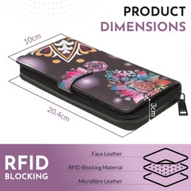 KARMA.DIEM Women's Purse with Colourful Flowers Mandala Pattern, Ethnic Style, Zip, Purse XL with Many Card Slots, Deep Purple, bohemian