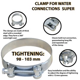 AERZETIX - C63711 - Set of 2 screw clamps with pins 98-103 mm - band width 24 mm - made of steel - silver - liquid flat key pipes ducts ventilation