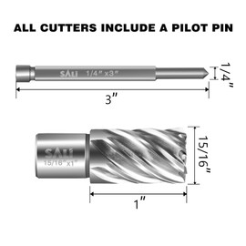 SALI 2 pcs Annular Cutter Diameter 15/16 Inch with Weldon Shank 3/4" (with 2 Flats) Cutting Depth 1" Mag Drill Bit for Magnetic Drill Press HSS Fully Ground Drill with One 1/4"*3" Pilot Pin
