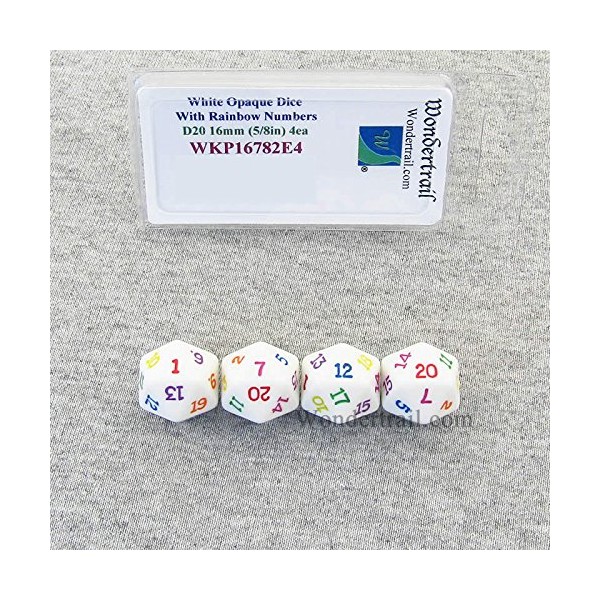 White Opaque Dice with Rainbow Color Numbers D20 16mm (5/8in) Pack of 4 Wondertrail