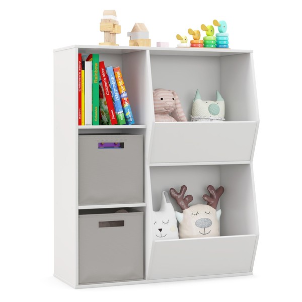 IFANNY Toy Storage Organizer with Bins, 5 Cube Kids Bookshelf with Storage, Wood Toy Storage Shelf, Kids’ Bookcases, Cabinets & Shelves, Book Shelf for Kids Rooms, Playroom, Nursery