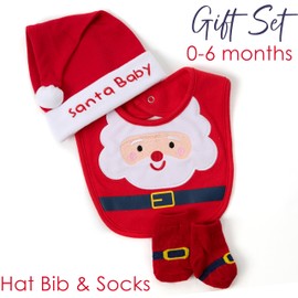 WS-AW23 Baby Girls Boys Unisex Christmas 3 Pieces Gift Set Hat Bib and Socks Matching Xmas Accessories Santa 0-6 Months