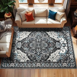 YJ.GWL Area Rugs for Living Room 6x9 Machine Washable Rugs for Bedroom, Non Slip Abstract Vintage Boho Rug Indoor Carpet, Large Floor Throw Rug for Dining Room Kids Playroom Kitchen, Black