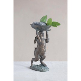 Decorative Resin Rabbit Bird Bath, Green Patina Finish