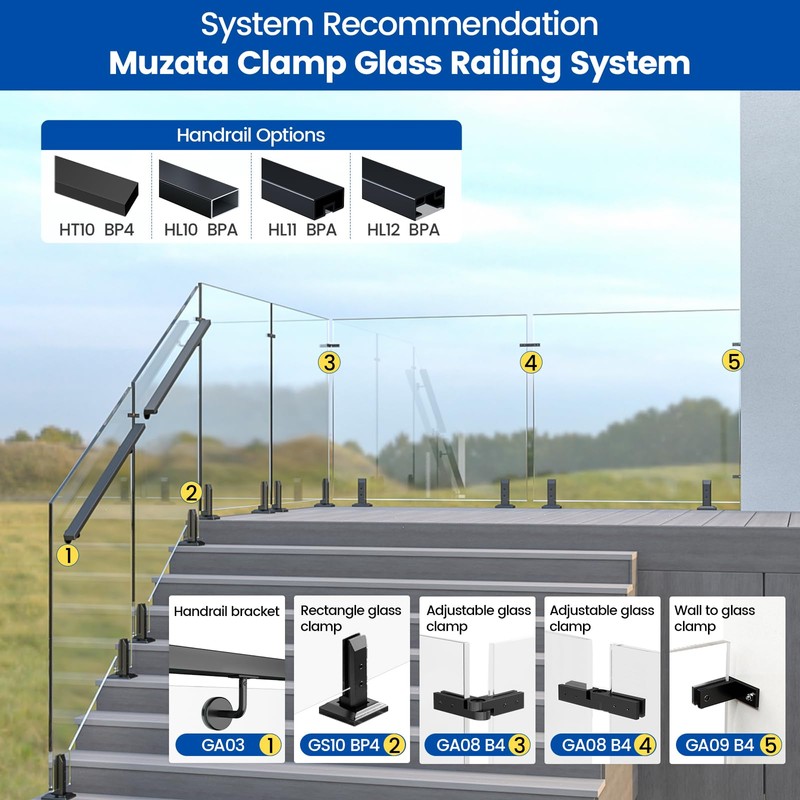 Muzata 4Pack Black Glass Railing Spigot Clamp Rectangle Stainless Steel