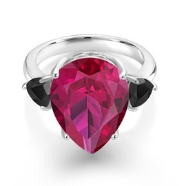 Gem Stone King 925 Sterling Silver Red Created Ruby and Black Onyx Ring For Women (10.34 Cttw, Gemstone July Birthstone, Pear Shape 16X12MM, Available in Size 5,6,7,8,9)