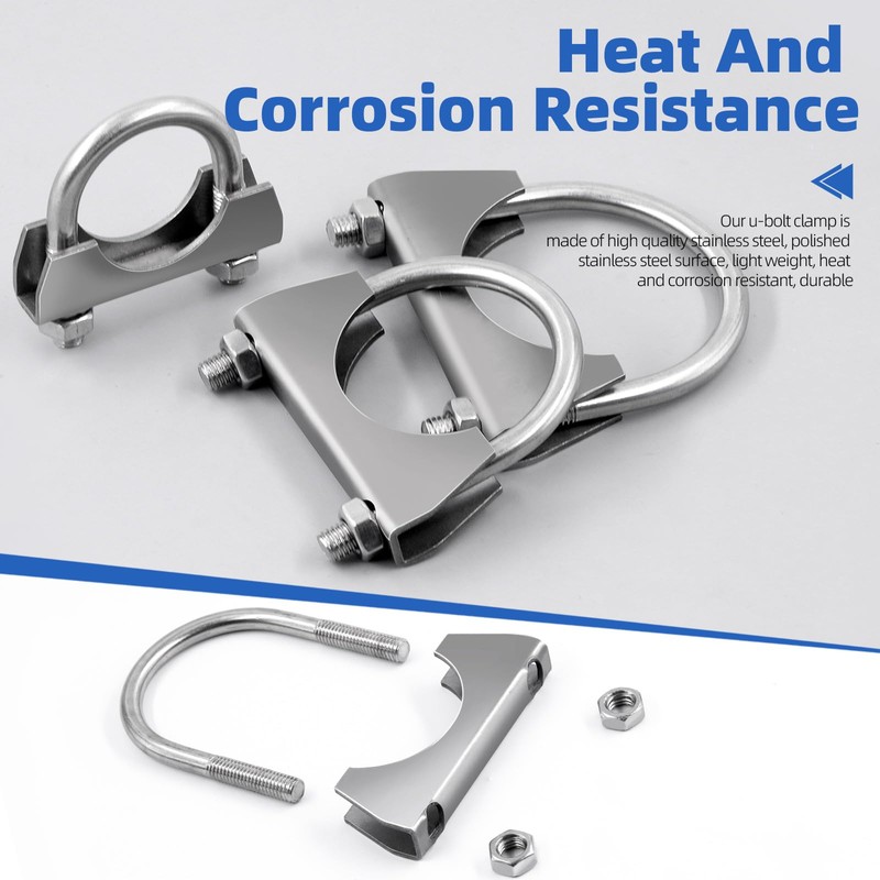 Glarks 2Pcs 304 Stainless Steel Exhaust U-Clamps 50MM (2in) Muffler