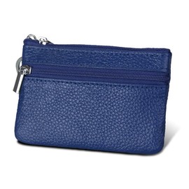 Auony Zippered Coin Pouch, Leather Coin Purse Change Holder Card Case Holder Organizer for Men Women (Blue)