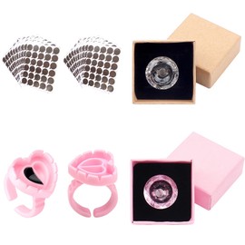 Lash Extension Kit, Eyelash Extension Supplies Kit, Diamond Shape Lash Glue Rings, Aluminum Foil Glue Pallet Sticker, Heart Shape Lash Fan Blossom Glue Rings, Set-C