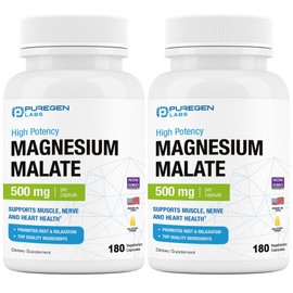 Puregen Labs Magnesium Malate 500mg | High Potency Elemental Magnesium | Total 360 Veggie Caps, Superior Absorption, Non-GMO, NO Gluten and Dairy, Supports Muscle and Heart Health