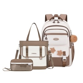 GRUOTEIS 3Pcs Kids Backpack for Girls with Tote Bag, School Bags Bookbag for Girls Elmentary Middle School, with Furry Pendant, A08-3Pcs Coffee