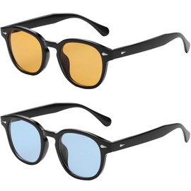 MUNSADE Retro Round Sunglasses for Men Women Vintage Trendy Circle Style UV400 Lenses Unisex Sun Glasses ((2 Pack) Black/Orange+Black/Blue)