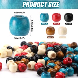 150pcs Large Hole Wooden Beads, 5 Colors Vintage Big Macrame Wood Round Loose 0.43x0.47in Hair Beads for Braids Spacer Beads for Hair Crafts Jewelry Making Garland