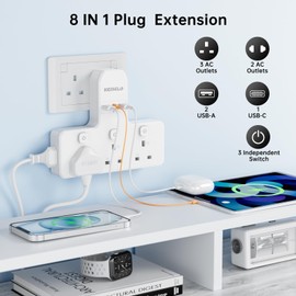 Plug Adapter, 8 in 1 Plug Extension Socket 3250W 13A with 2 USB Ports 1 USB-C, with 2 Shaver Adapter Plug UK Extension Multi Plug Adapter Wall Plug Adapter Extensions for Home School Supplies Travel