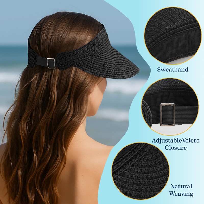 HAPPY FINDING 2Pcs Straw Hat Women Visor Hats Packable Ponytail