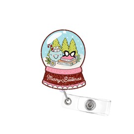 Christmas Badge Reel Retractable Clip for Nurse, Cute Crystal Ball ID Badge Holder, Merry Bookmas Badge Reels with 360°Rotation Alligator Clip for Office Doctor Teacher Student Name Card Tag