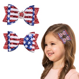 4th of July Bow Hair Clips for Toddler Baby Girls - 2Pcs Red White Blue Flag Hair Bow Alligator Clips Sequin Cheer Barrettes Patriotic USA Bow Hairgrips Women Hair Accessories for Independence Day