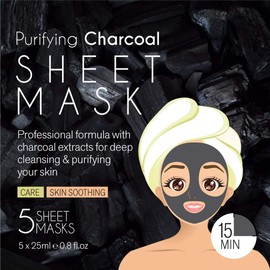 Pursonic | Purifying Charcoal Sheet Mask with Active Charcoal & Anti-Aging Properties for Relieving Redness and Irritated Skin - Cleansing & Soothing (Pack of 5)