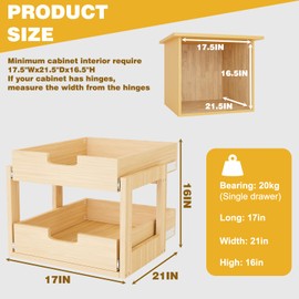 Pull Out Cabinet Organizer, 17''W×21''D×16''H Soft Close Slide Out Wooden Pull out Drawers, Double Tier Slide out Wood Cabinet Organizer, for Base Cabinet Organization in Kitchen, Pantry, Bathroom