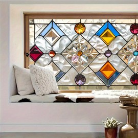 HOMETITUTE Decorative Stained Glass Window Privacy Film Static Cling Window Film with Flower Petal and Diamond Pattern UV Blocking Frosted Window Clings 39.3x17.7 Inch for Home Use