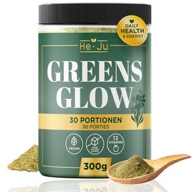 He-Ju Greens Glow Super Greens Detox Powder with Apple Fibre, Spirulina, Broccoli & 13 Vitamins, 300 g Superfood Mix, Vegan, No Added Sugar, with Vitamin C & D to Support Immune Function