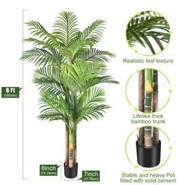 Keeplush 6ft Tall Triple Golden Cane Palm Artificial Tree Large Tropical Palm Tree UV Resistant Fake Plant in Pot for Indoor Outdoor Big House Living Room Outside Patio Office Home Decor 1Pack