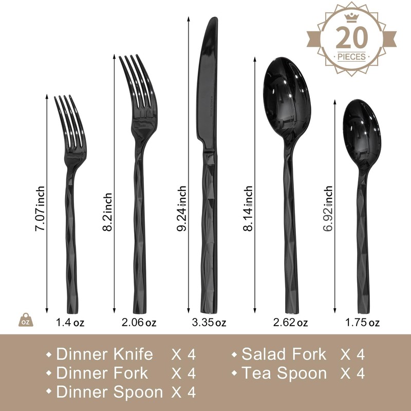 KINGSTONE Black Silverware Set, Luxury 20 Piece Flatware Set for