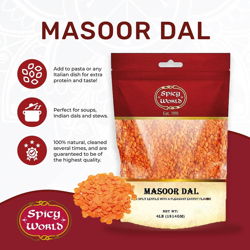 Masoor Dal 4 Pound Bag - Split Red Lentils Dry